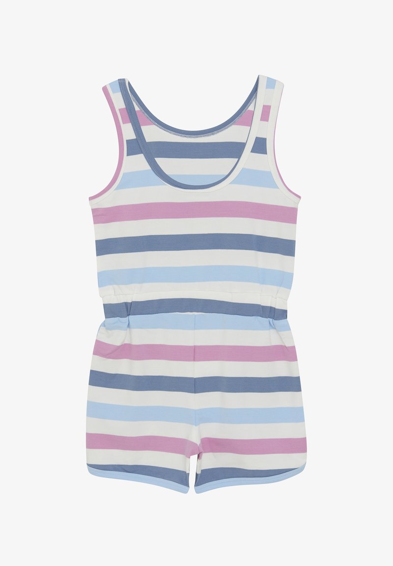 Striped romper in light blue, pink, and white. Cotton material with sleeveless design, scoop neckline, and elastic waistband.