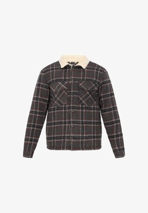 Giacca grigia a scacchi con colletto in pelliccia sintetica crema, due tasche sul petto, chiusura a bottoni e maniche lunghe. Tessuto morbido con dettagli rossi.