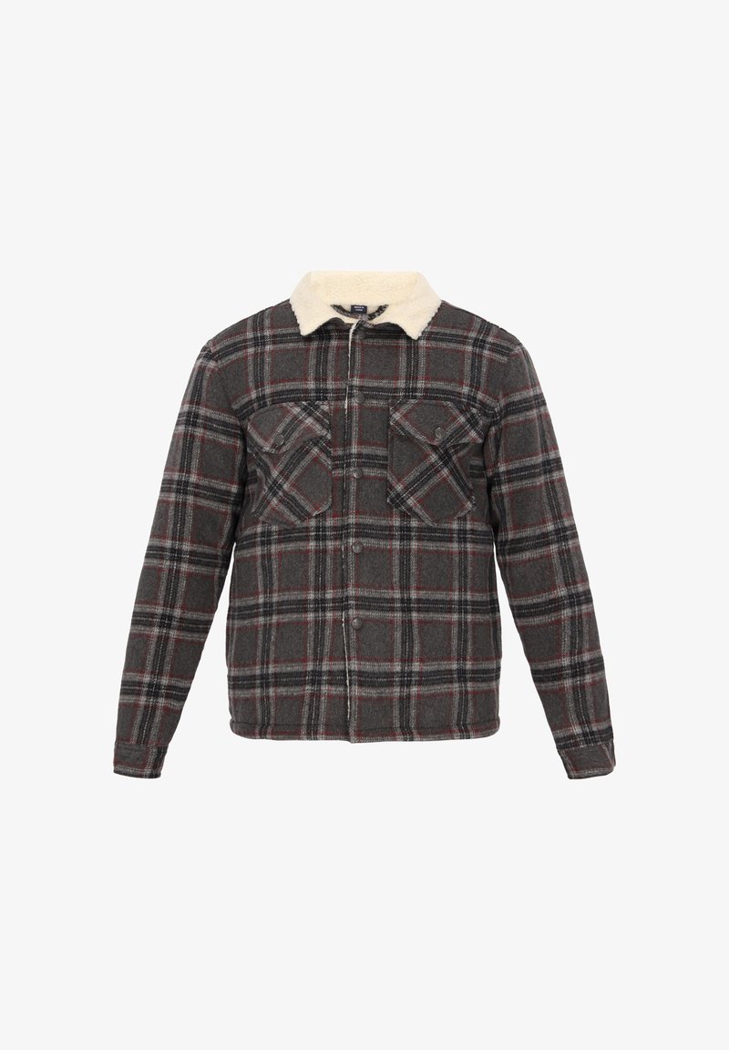 Harmaa ruudullinen takki, jossa on kerma värinen tekoturkiskaarroke, kaksi rintataskua, nappilukitus ja pitkät hihat. Pehmeä kangasrakenteeltaan, jossa on punaisia yksityiskohtia.