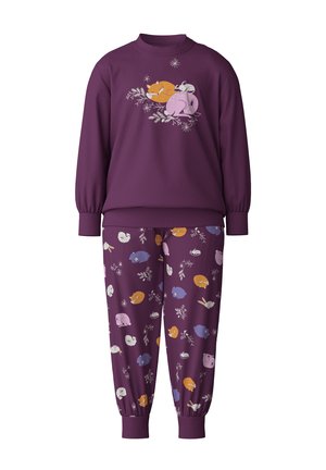 Violetter Sweatshirt mit Tiergrafik; passende Jogginghose mit mehrfarbigen Tiermustern. Weicher Stoff, lockere Passform, gerippte Bündchen und Bund.