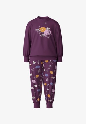 Purple sweatshirt with animal graphic; matching joggers with multicolored animal patterns. Soft fabric, relaxed fit, ribbed cuffs and waistband.