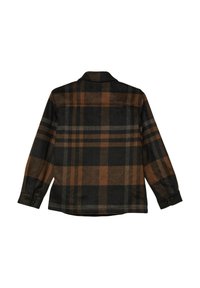 Plaid shirt in black, brown, and gray tones. Features long sleeves, button cuffs, and a straight hem. Soft fabric with a textured finish.