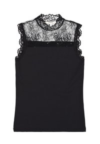 Top negro sin mangas con un alto cuello de encaje y un borde de encaje festoneado en los hombros, que presenta un cuerpo liso y ajustado con detalles decorativos de encaje.