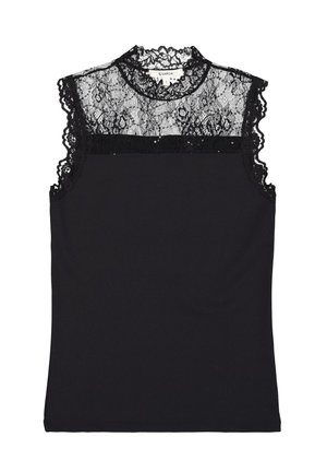 Top negro sin mangas con un alto cuello de encaje y un borde de encaje festoneado en los hombros, que presenta un cuerpo liso y ajustado con detalles decorativos de encaje.