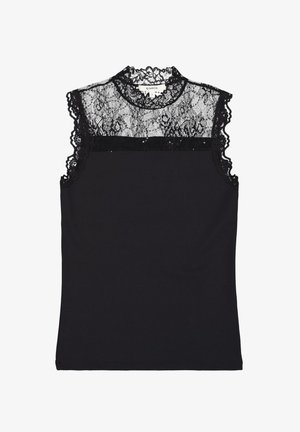 Top negro sin mangas con un alto cuello de encaje y un borde de encaje festoneado en los hombros, que presenta un cuerpo liso y ajustado con detalles decorativos de encaje.