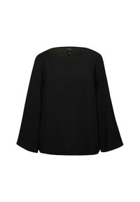 Blusa nera con scollo rotondo, maniche a campana lunghe e vestibilità ampia. Realizzata in tessuto leggero, presenta una superficie liscia e un design semplice.
