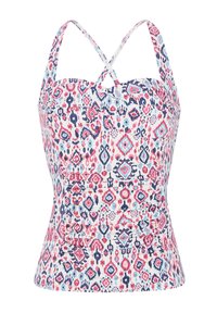 Mønstret halterneck-top med en blanding af rosa, blå og marineblå designs på en hvid baggrund; inkluderer ruching-detaljer og krydsede stropper på ryggen.