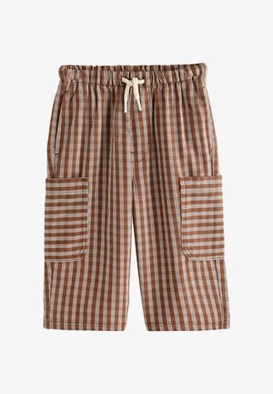 Bruin-witte verticale gestreepte korte broek met elastische tailleband, witte trekkoord en grote zijzakken.
