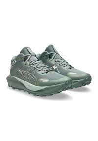 GORE-TEX trail running shoes with a textured, green mesh upper, reinforced toe caps, and rugged sole for traction. Features reflective accents.