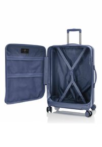 Hartschalenkoffer in Blau mit erweiterbarem Design, Innenfächern und einem ausziehbaren Griff mit vier Rollen für einfache Mobilität.