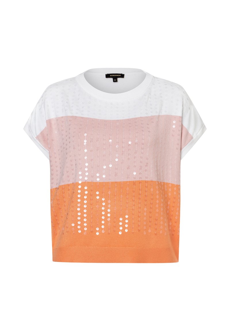 Kurzarmpullover mit horizontalen Farbsperren: Weiß, Hellrosa und Orange. Mit Paillettenverzierungen und Rundhalsausschnitt.
