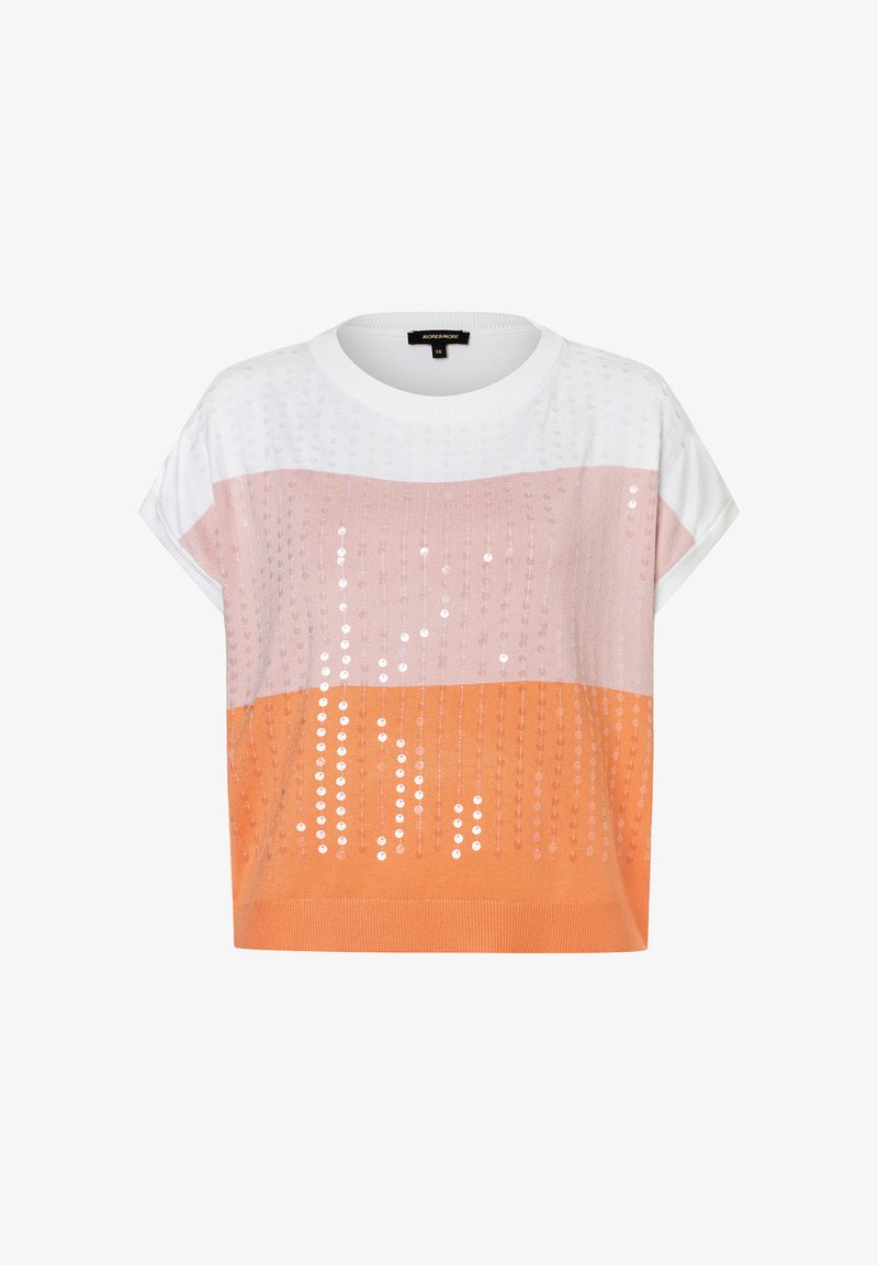 Short-sleeve sweater with horizontal color blocks: white, light pink, and orange. Features sequin detailing and a crew neckline.