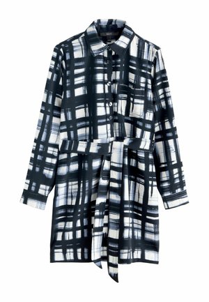Black and white plaid dress with button closure, collar, long sleeves, and a waist tie. Smooth fabric with a patterned texture and modern design.