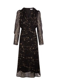 Robe noire avec une jupe fluide jusqu'aux genoux et des manches longues transparentes. Présente un corsage style enveloppé avec un motif abstrait subtil en beige.