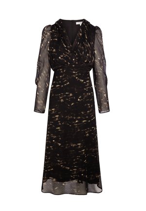 Vestido negro con una falda fluida hasta la rodilla y mangas largas transparentes. Presenta un cuerpo de estilo envolvente con un sutil patrón abstracto en beige.