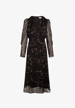 Zwarte jurk met een vloeiende, knielange rok en doorschijnende lange mouwen. Heeft een wikkelstijl lijfje met een subtiel abstract patroon in beige.