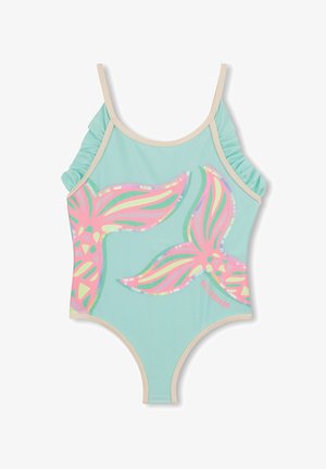 Turquoise kinderbadpak met gerimpelde bandjes en roze, gele en groene zeemeerminstaart-paillettenontwerpen aan de voorkant.