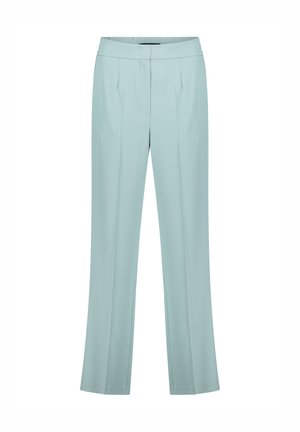 Lichtblauwe broek gemaakt van glad, lichtgewicht stof met een rechte pijp, voorzien van voorplooien en een tailleband.
