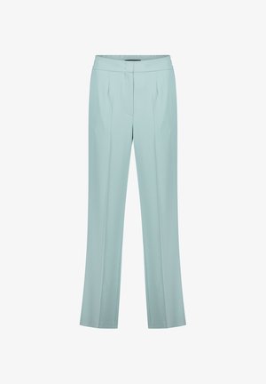 Pantalon bleu clair en tissu lisse et léger avec une coupe droite, doté de plis à l'avant et d'une ceinture.