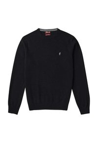 Svart långärmad crewneck-tröja med ribbad mudd och hem, prydd med en liten grå broderad logotyp på vänster bröst.