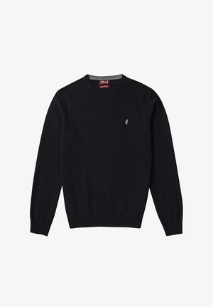 Maglione nero a maniche lunghe con colletto a girocollo, dotato di polsini e orlo a coste, e un piccolo logo grigio ricamato sul lato sinistro del petto.