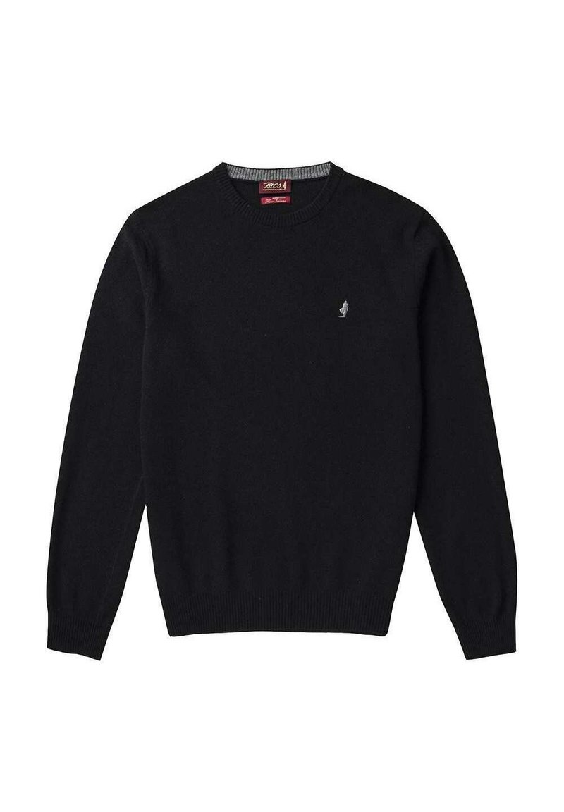 Svart långärmad crewneck-tröja med ribbad mudd och hem, prydd med en liten grå broderad logotyp på vänster bröst.