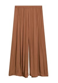 Pantalon ample à jambes larges, taille haute, coupe décontractée en tissu marron clair avec une ceinture élastique froncée.