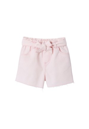 Light pink striped shorts with paperbag waist and tied fabric belt, featuring front pockets and raw hem edges.