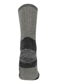 Grau- und schwarz gestreifte Socke mit geripptem Muster, verstärkter Ferse und Spitze, die ein Farbblockdesign im Mittelbereich aufweist.