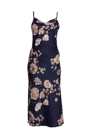 Rochie fără mâneci, de culoare bleumarin, cu model floral în tonuri de bej și albastru, cu un design ajustat și textură moale, care se oprește la jumătatea gambei. Bretele tip spaghetti.