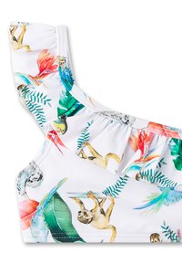 Ein Ein-Schulter-Bikini-Oberteil aus weißem Stoff mit einem lebhaften tropischen Druck von Affen, Vögeln und Laubwerk, das mit einem Rüschendetail versehen ist.