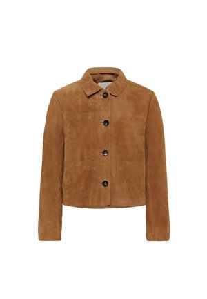 Brun mockaskinnjacka med krage, framknäppning med knappar, två framfickor och långa ärmar. Slät textur och skräddarsydd passform.