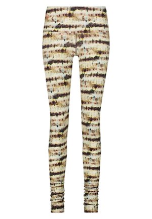 Moniväriset legginsit, joissa on raidallinen kuvio vohvelikuosisina vaaleanbeigeinä, ruskeina ja sinisävyisinä sekä lankkujen yksityiskohdat nilkoissa.
