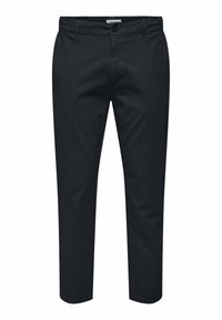 Chino neri, slim-fit, realizzati in cotone con una texture liscia; presenta una chiusura frontale con bottone, passanti per la cintura e tasche laterali.