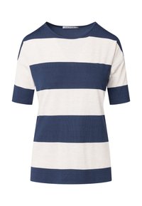T-shirt rayé avec des bandes horizontales bleu marine et crème. Tissu doux, encolure ronde et manches courtes. Coupe décontractée.