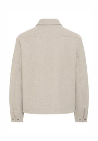 Lysgrå, uld-blanding jakke med krave, lange ærmer og knapmanchetter. Har en glat tekstur og et enkelt, struktureret design.