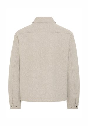 Lysgrå, uld-blanding jakke med krave, lange ærmer og knapmanchetter. Har en glat tekstur og et enkelt, struktureret design.