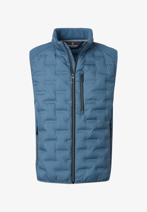 Smanicato imbottito blu con collo alto, chiusura frontale con zip e tasche laterali. Presenta un design trapuntato e inserti in mesh a contrasto sulle spalle.