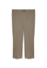 Brązowe, teksturowane spodnie z prostym krojem, pojedynczym zapięciem na guzik i subtelnym wzorem w kratę. Odpowiednie do formalnych lub casualowych stylizacji.