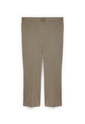 Brązowe, teksturowane spodnie z prostym krojem, pojedynczym zapięciem na guzik i subtelnym wzorem w kratę. Odpowiednie do formalnych lub casualowych stylizacji.