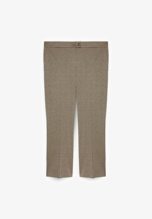 Hnědé, texturované kalhoty s klasickým střihem, s jedním knoflíkem a jemným károvaným vzorem. Vhodné pro formální i neformální prostředí.
