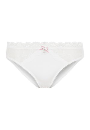 White lace bikini panties featuring a scalloped lace waistband, a small pink bow at the center front, and a jewel accent. Soft fabric texture.