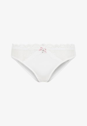Weiße Spitzenbikiniunterhose mit einem gewellten Spitzenbund, einem kleinen rosa Schleifchen in der Mitte vorne und einem Schmuckakzent. Weicher Stoff.