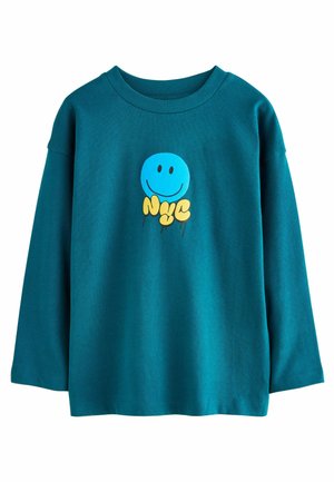 Türkisfarbener Langarm-Sweatshirt aus Baumwolle mit einem blauen Smile-Gesicht-Design und gelbem "NYC"-Text auf der Vorderseite. Weicher Stoff.