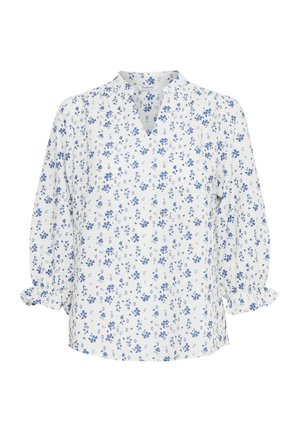 Weiße Bluse mit blauem Blumendruck, V-Ausschnitt und lockeren Ärmeln mit gerafften Manschetten. Leichter Stoff mit einer weichen Textur.