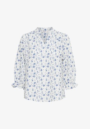Blusa blanca con patrón floral azul, escote en V y mangas sueltas con puños fruncidos. Tejido ligero con una textura suave.