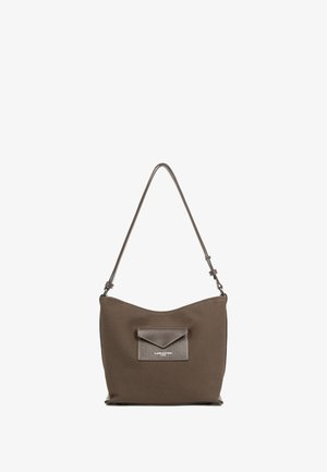 Bruine textuur schoudertas met een gladde voorkant, verstelbare schouderriem en een minimalistisch design. Heeft merklogo op de voorkant.