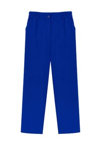 Ljust blå raka byxor med elastisk midja, knäppning och sidofickor mot en vit bakgrund.