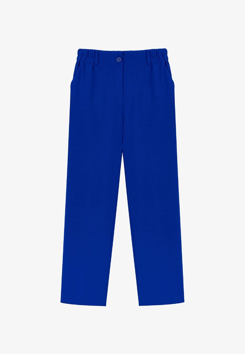 Bright blue straight-leg trousers with an elastic waistband, button closure, and side pockets on a white background.