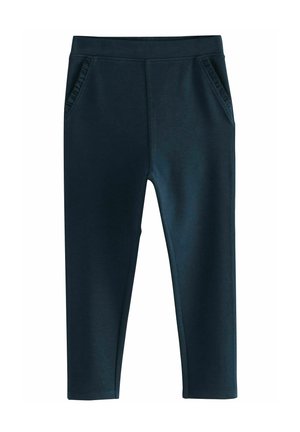 Marineblauwe rekbare broek met een gladde textuur, voorzien van twee zijzakken en subtiele gerimpelde accenten langs de tailleband.